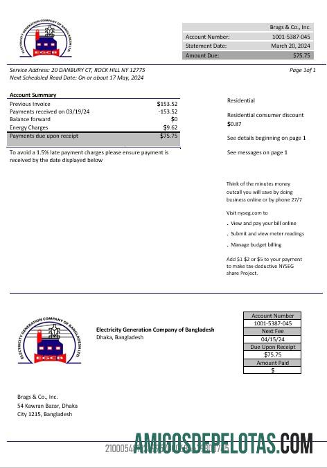 imprimível Modelo de conta de serviços públicos da Bangladesh Electricity Generation Company of Bangladesh em formato Word e PDF